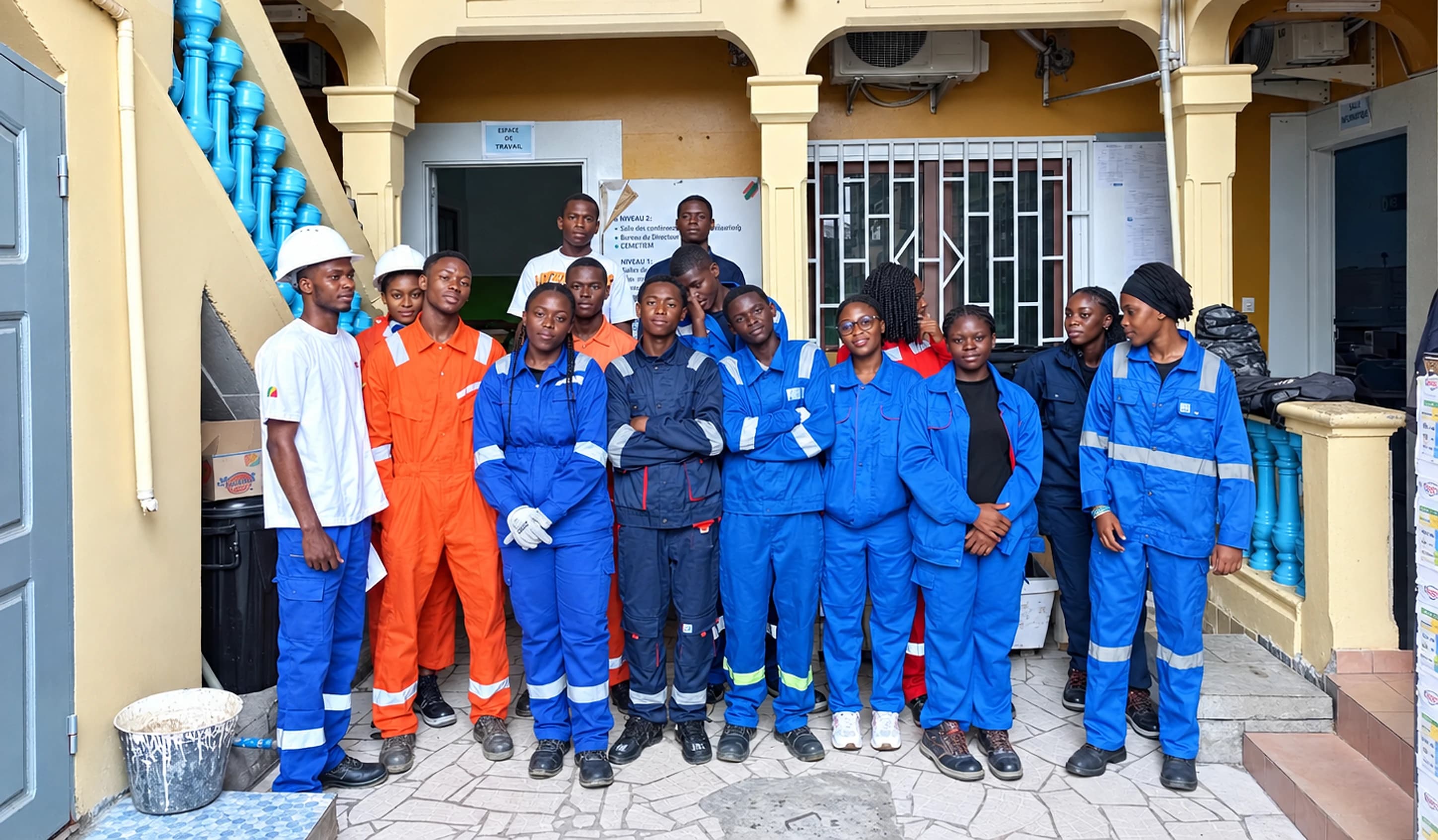 Étudiants de l'IPC en tenue de travaux pratiques devant l'établissement